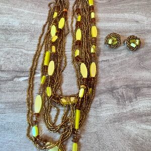 Vintage Multi-Strand Seed Bead Necklace & Cluster Clip-on Earrings Yellow